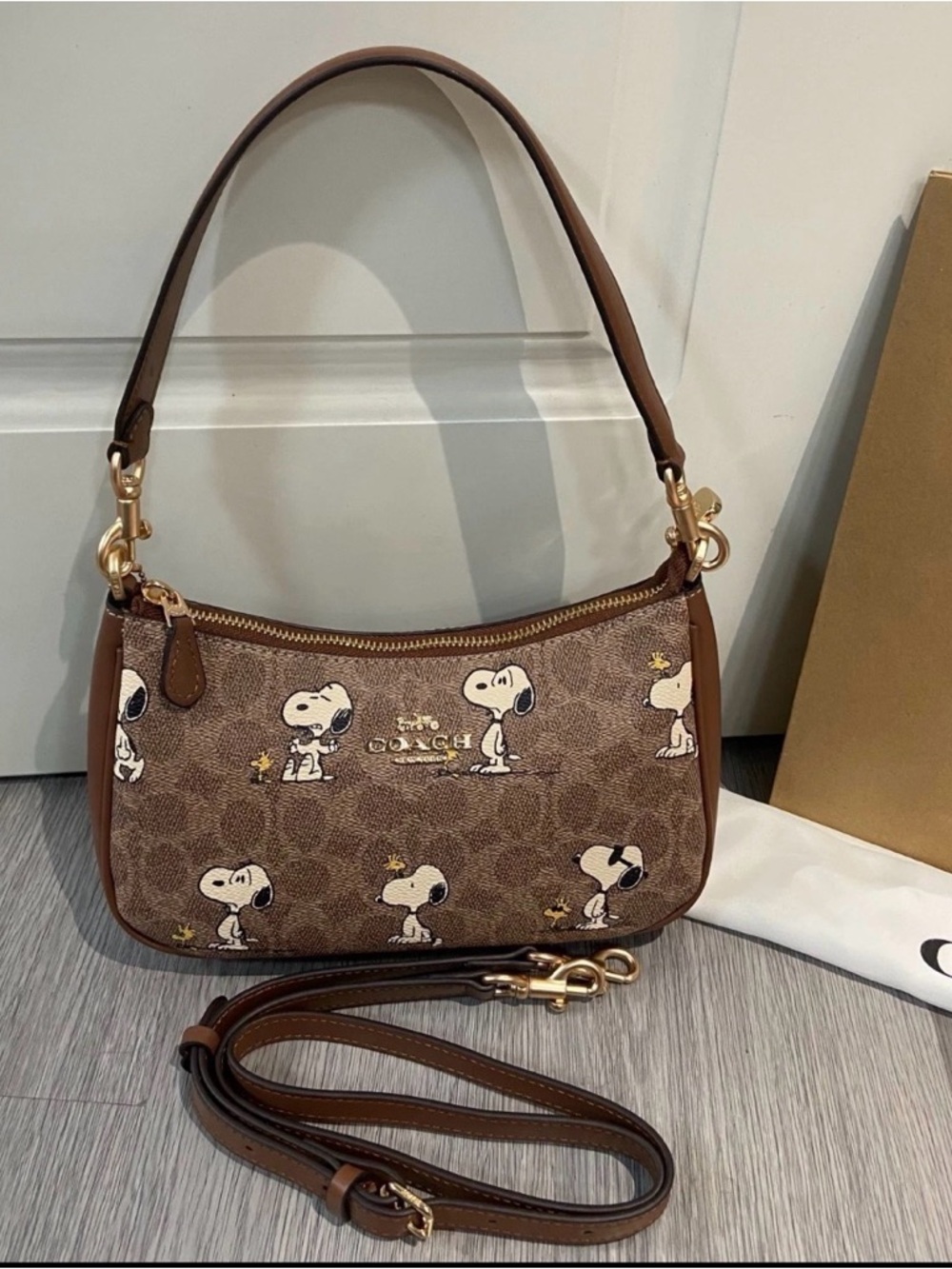Coach Brown Snoopy Print Shoulder Bag with Gold Hardware